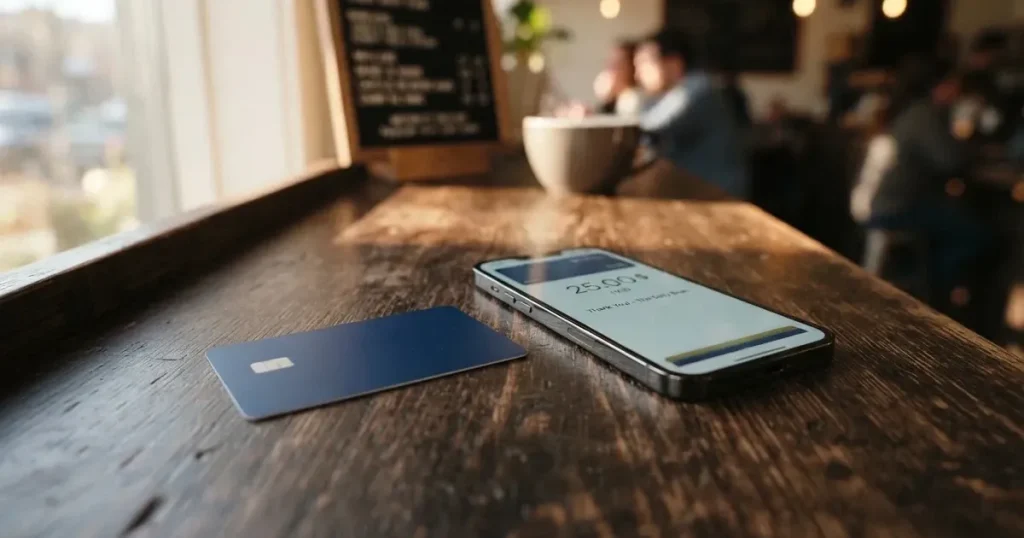 A payment card next to a phone with a crypto wallet app open