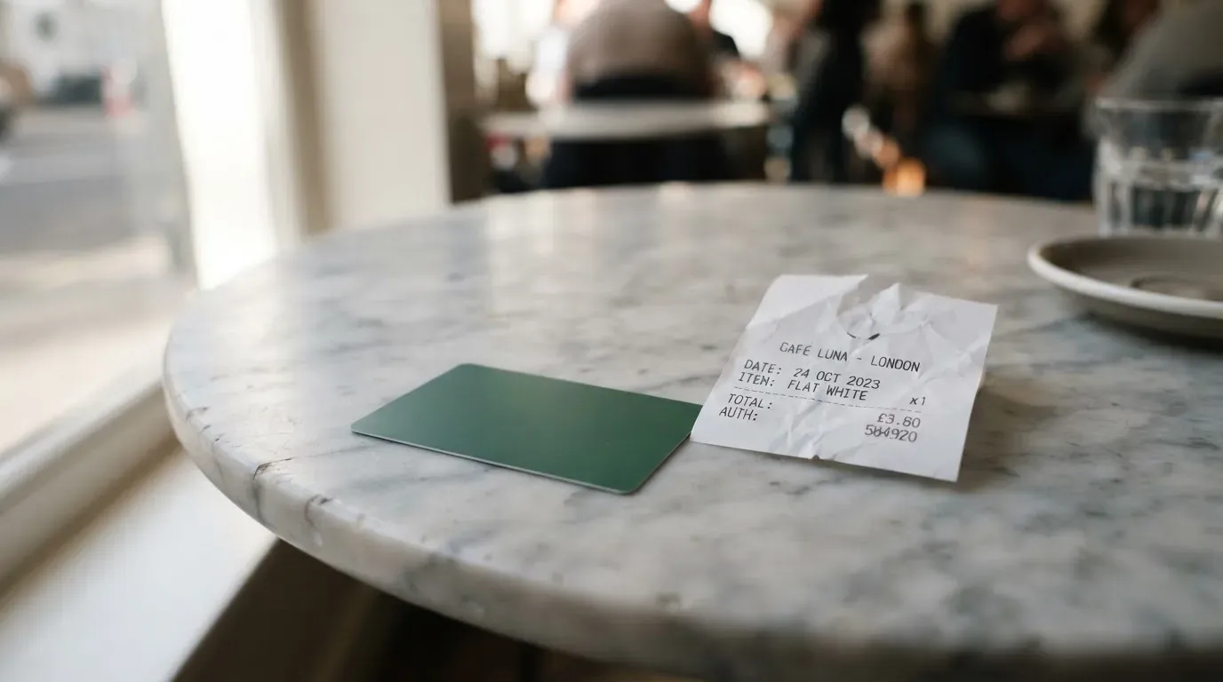 A receipt and a card on a café table