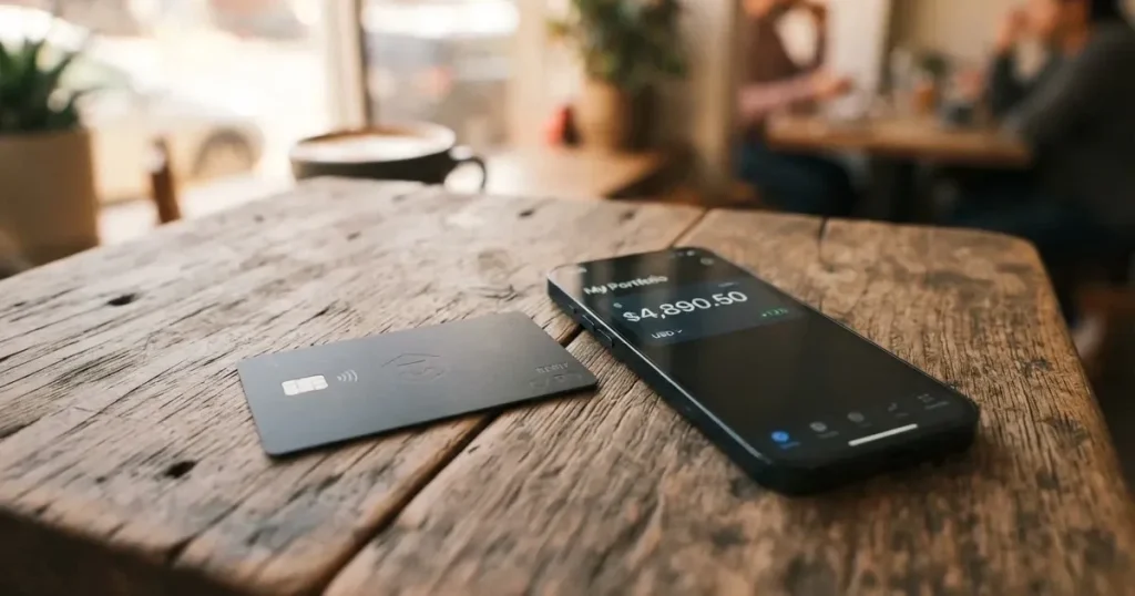 A payment card next to a phone with a crypto wallet app open