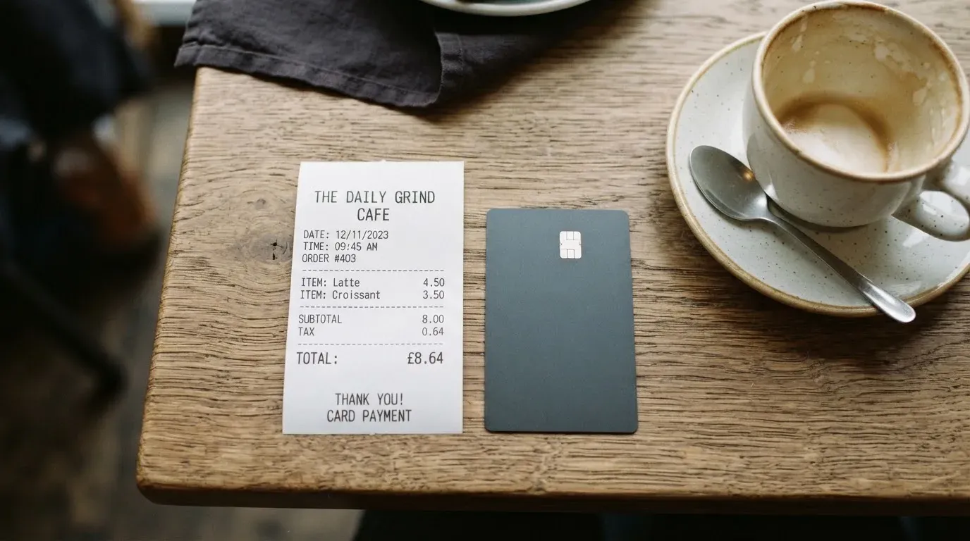 A receipt and a card on a café table