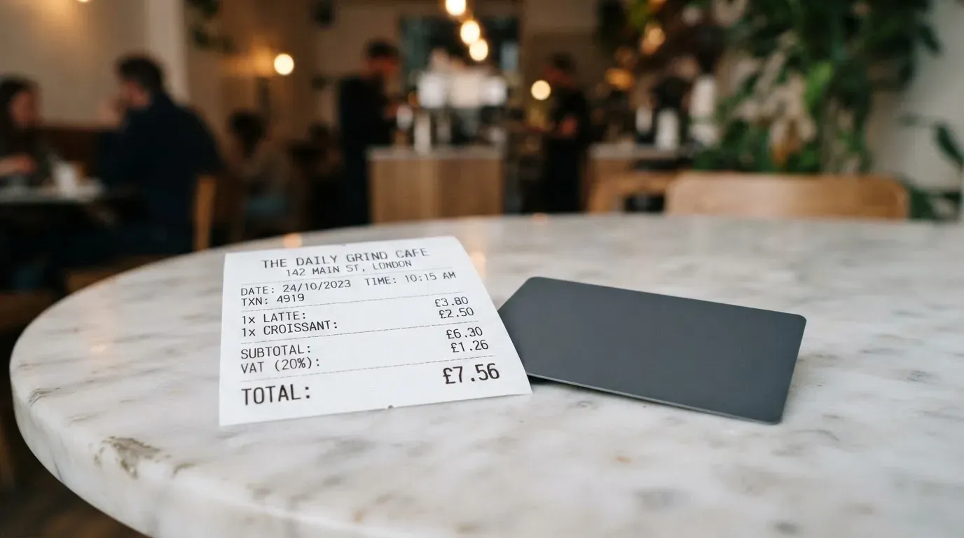 A receipt and a card on a café table