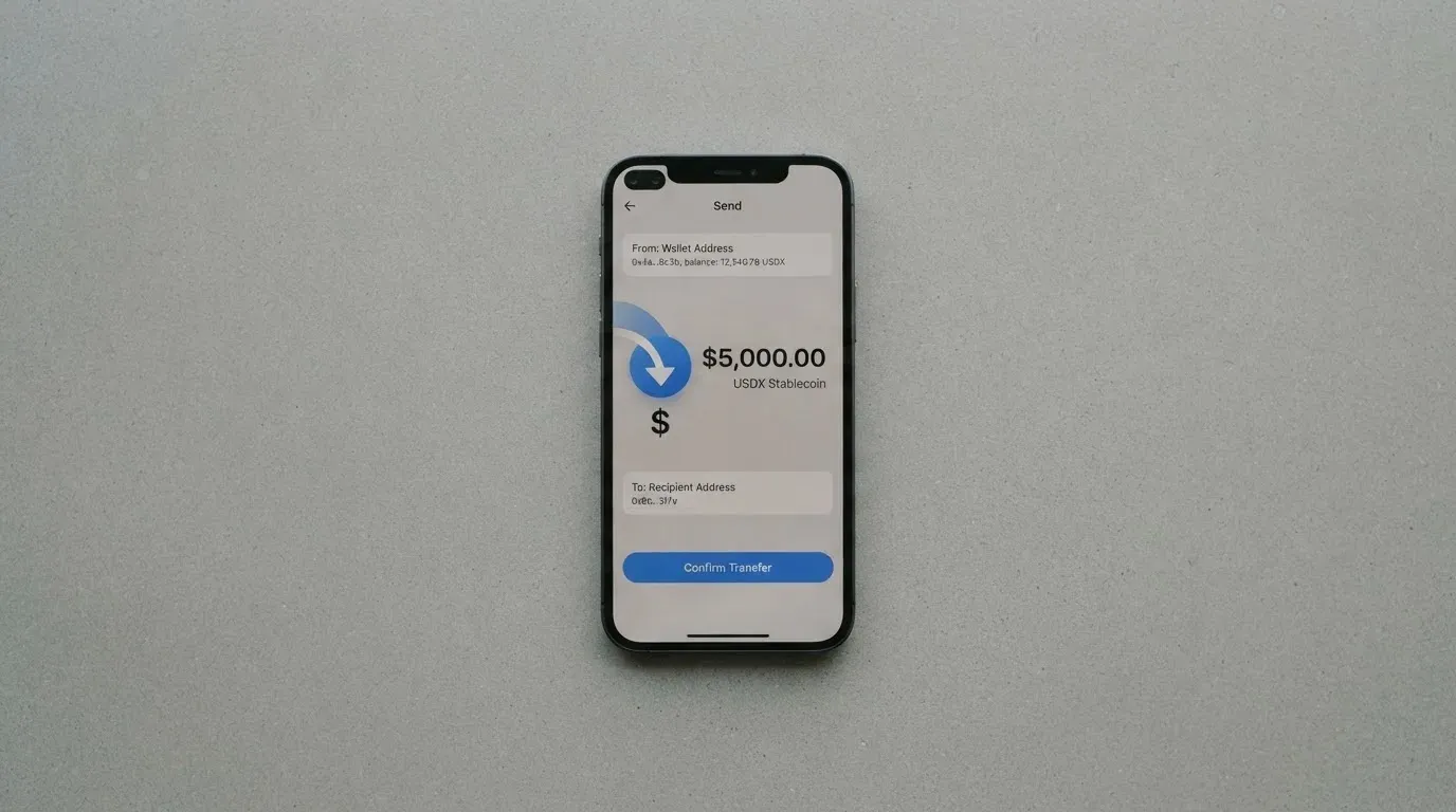 A phone showing a stablecoin transfer screen