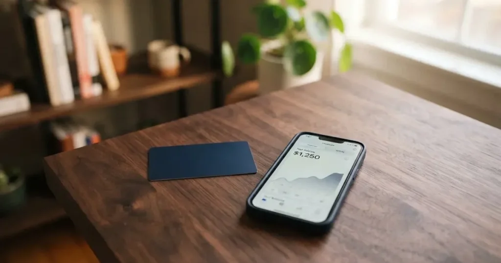 A payment card next to a phone with a crypto wallet app open