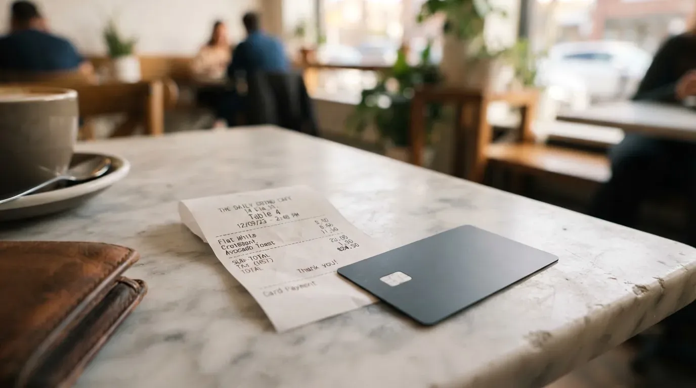 A receipt and a card on a café table