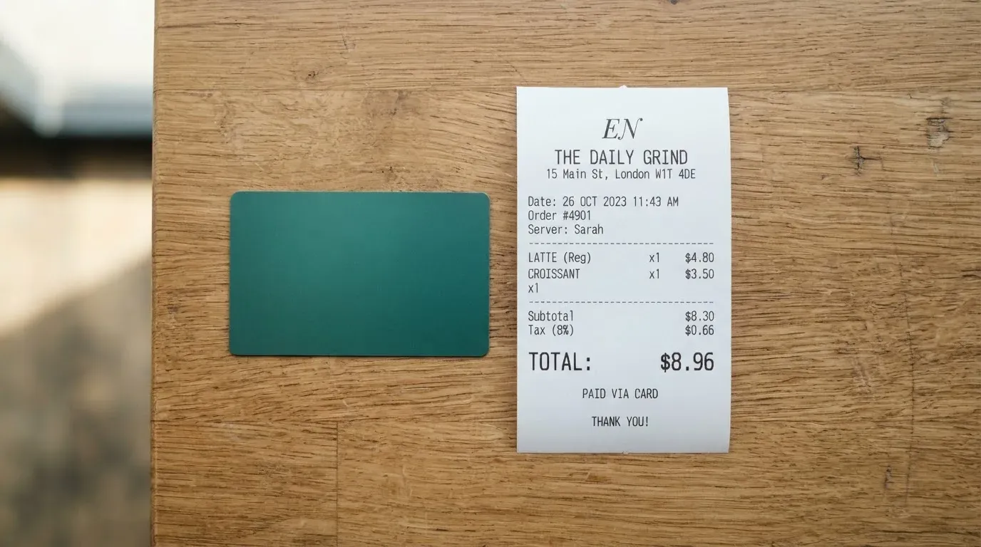 A receipt and a card on a café table