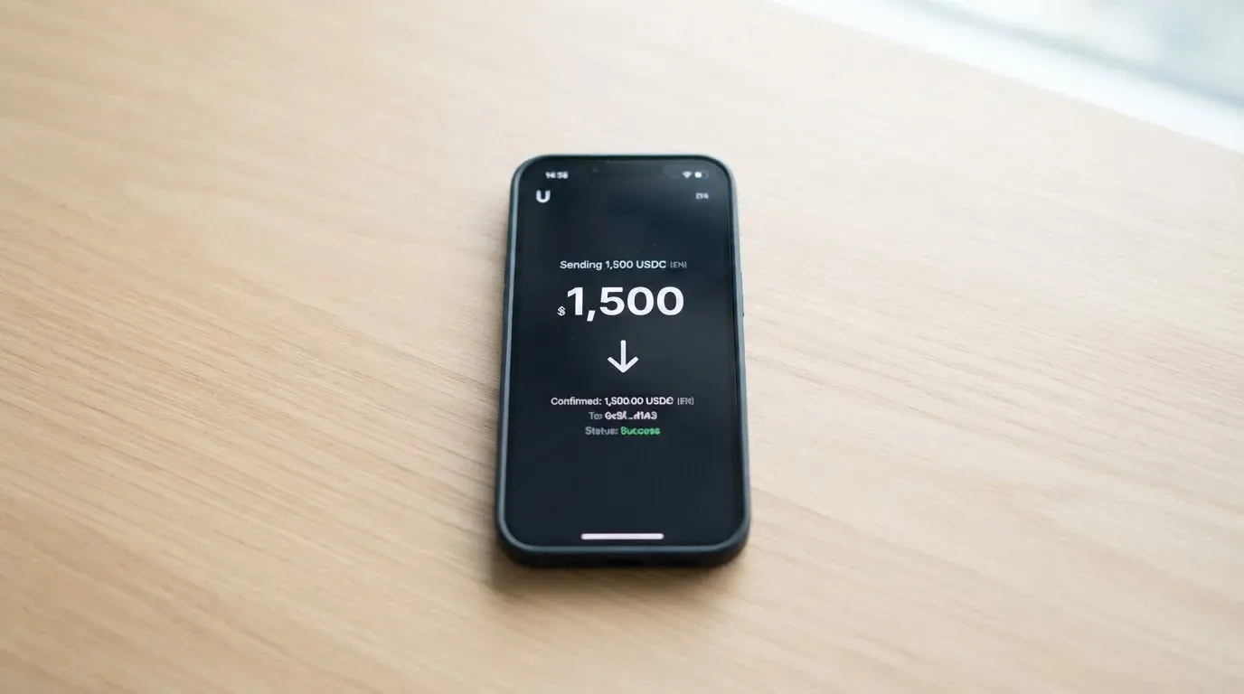 A phone showing a stablecoin transfer screen