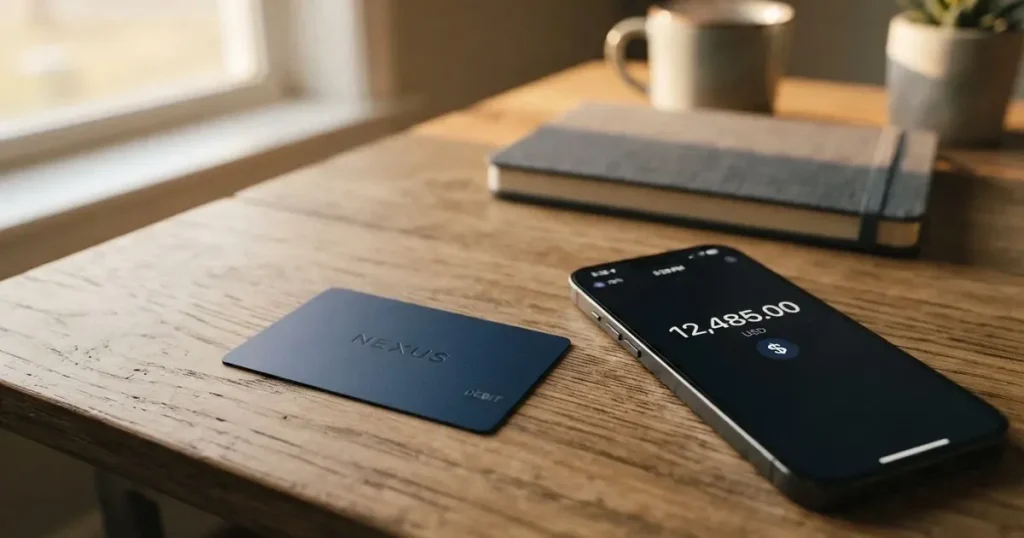 A payment card next to a phone with a crypto wallet app open