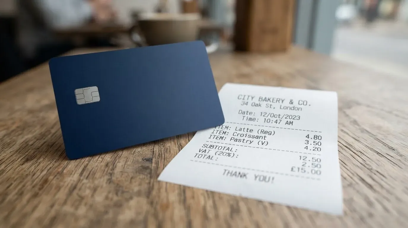A receipt and a card on a café table