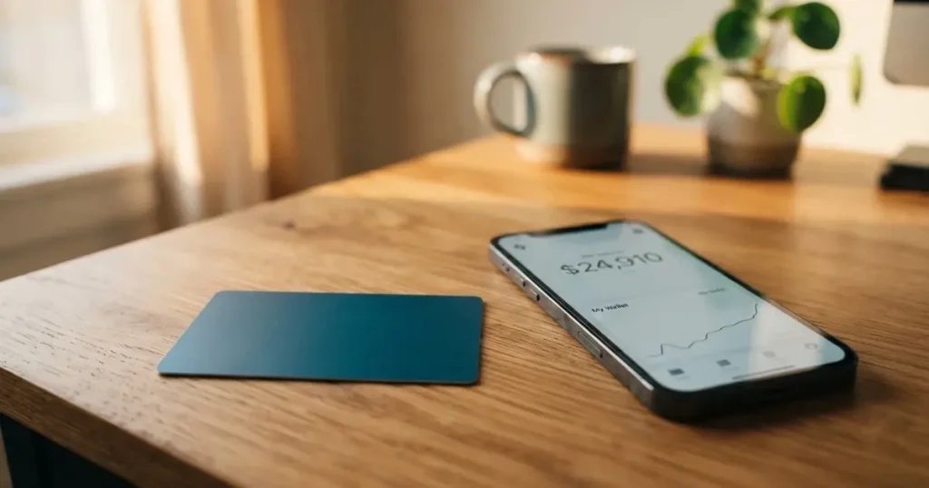 A payment card next to a phone with a crypto wallet app open