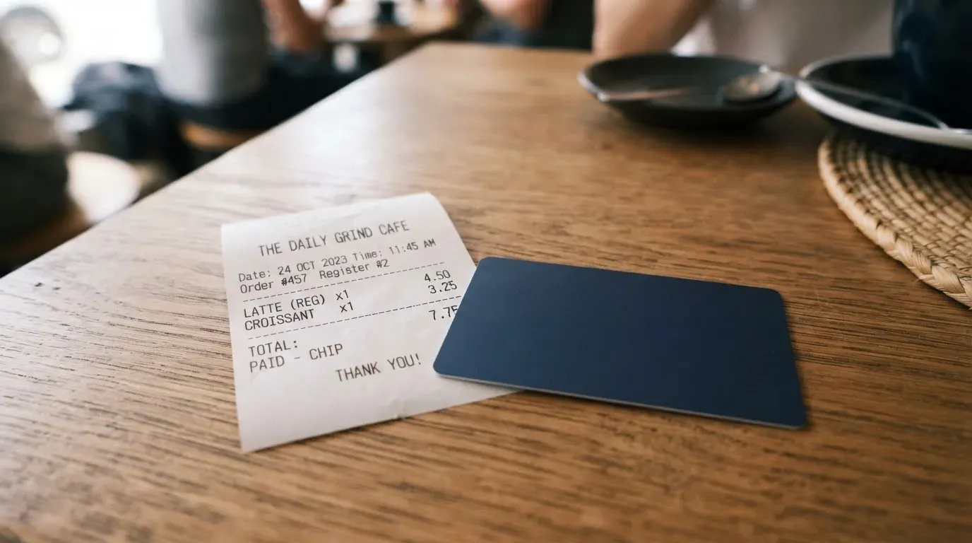 A receipt and a card on a café table