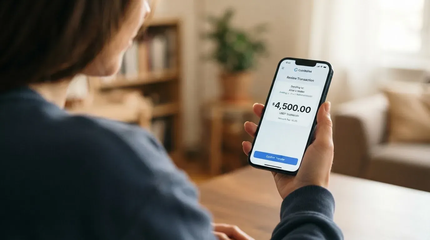 A phone showing a stablecoin transfer screen