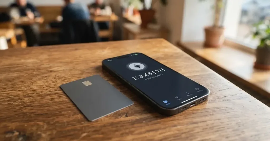 A payment card next to a phone with a crypto wallet app open