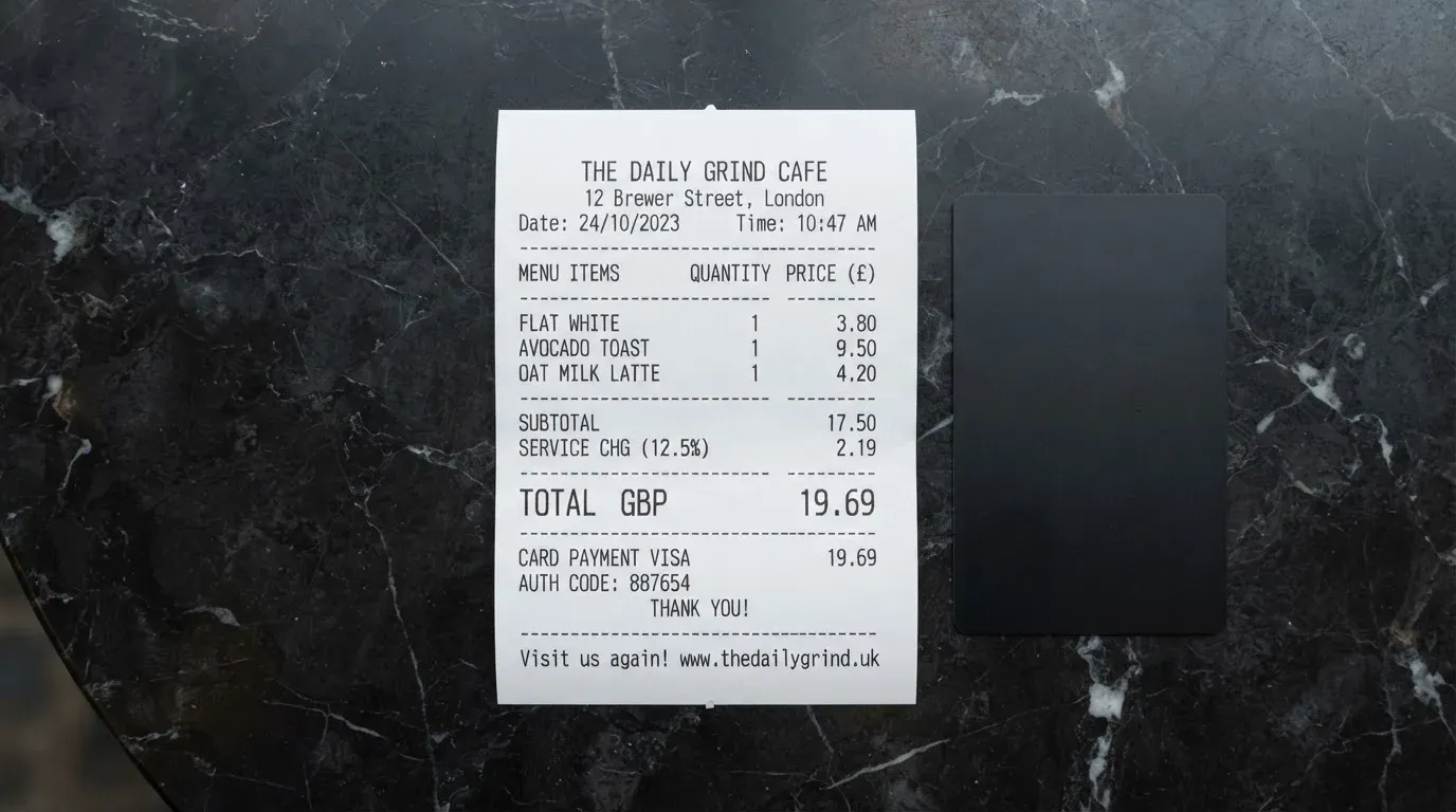 A receipt and a card on a café table