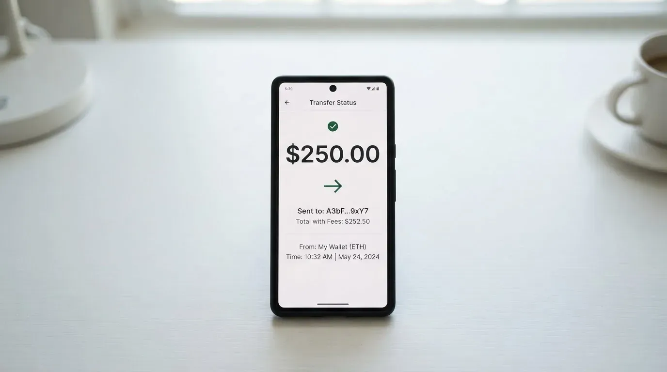 A phone showing a stablecoin transfer screen
