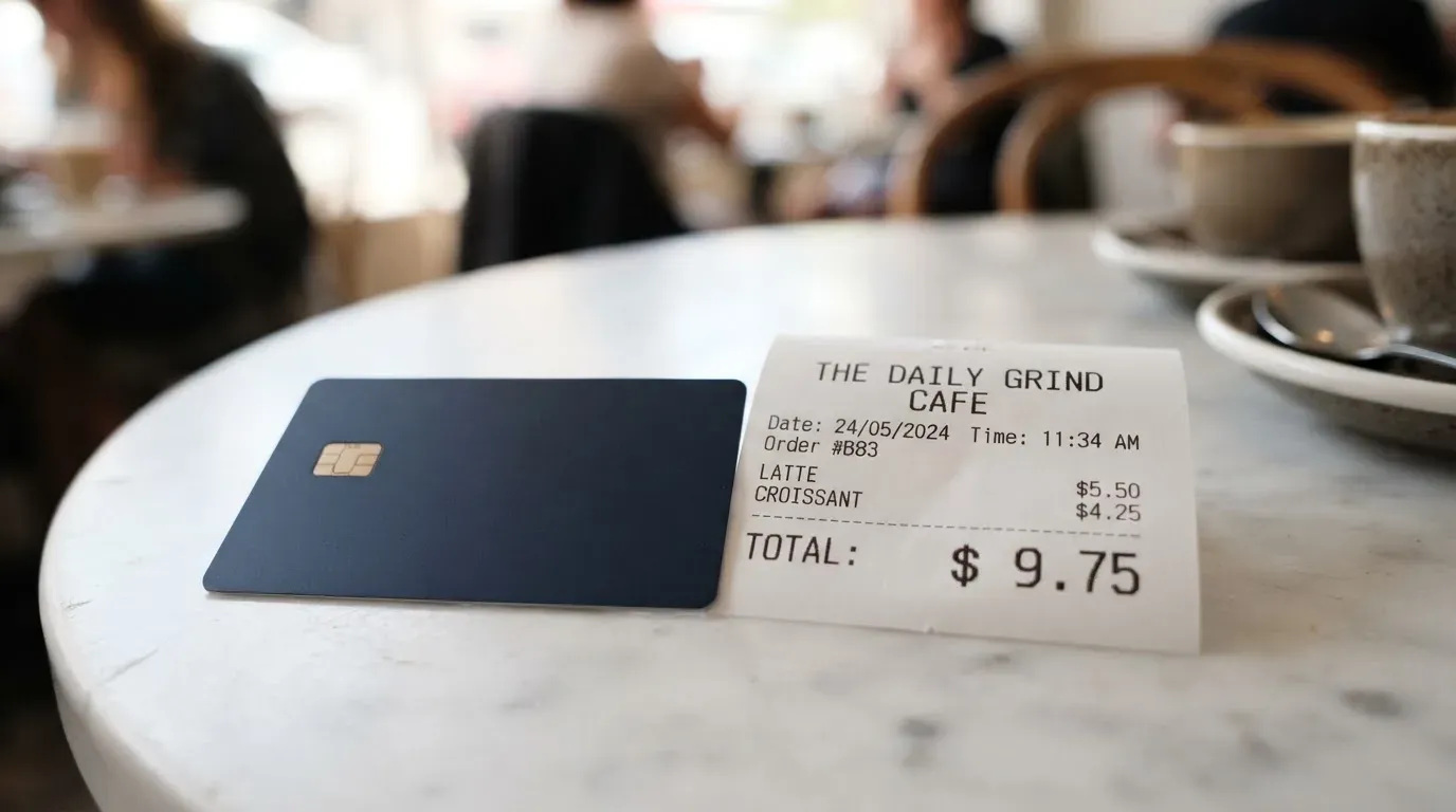 A receipt and a card on a café table