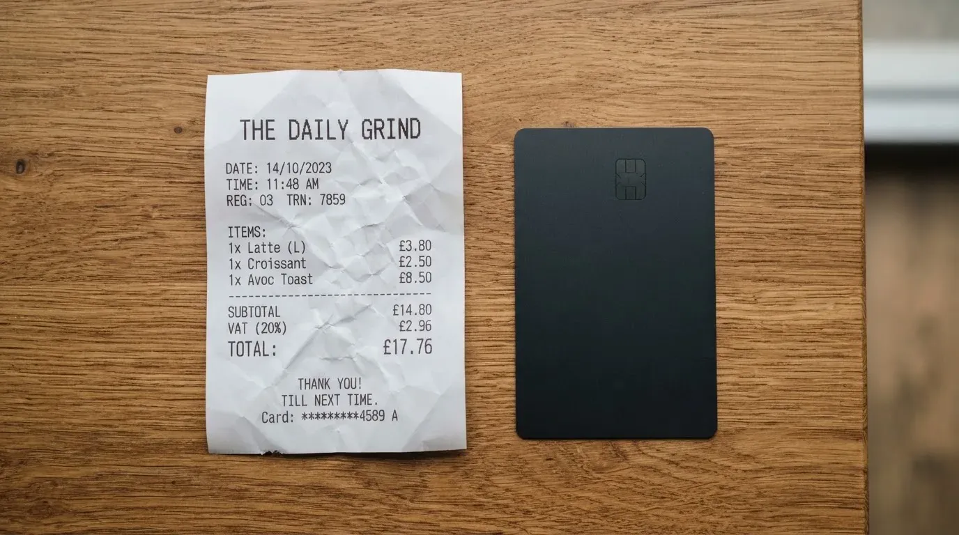 A receipt and a card on a café table
