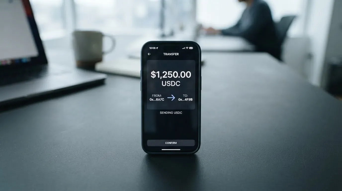 A phone showing a stablecoin transfer screen