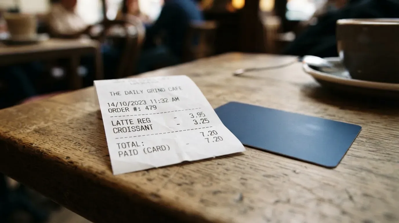 A receipt and a card on a café table
