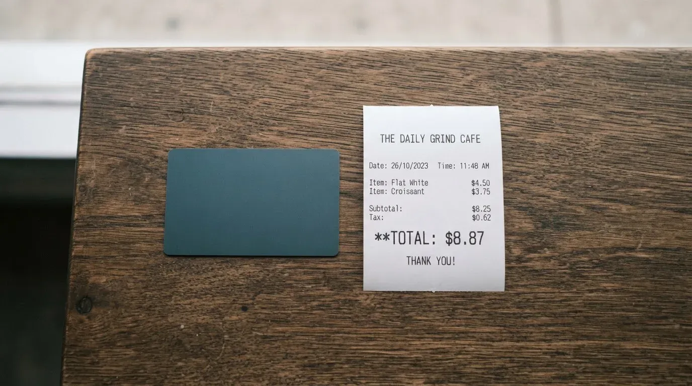 A receipt and a card on a café table