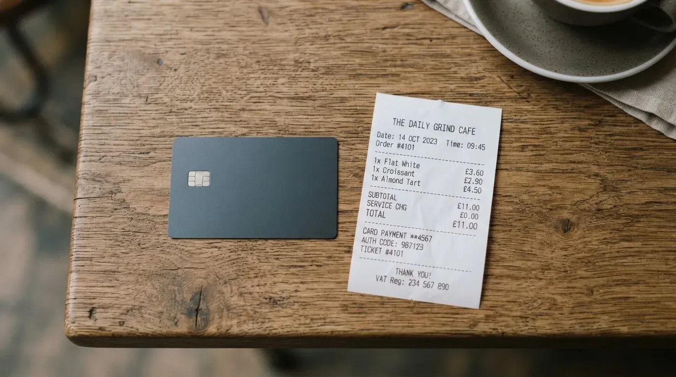 A receipt and a card on a café table