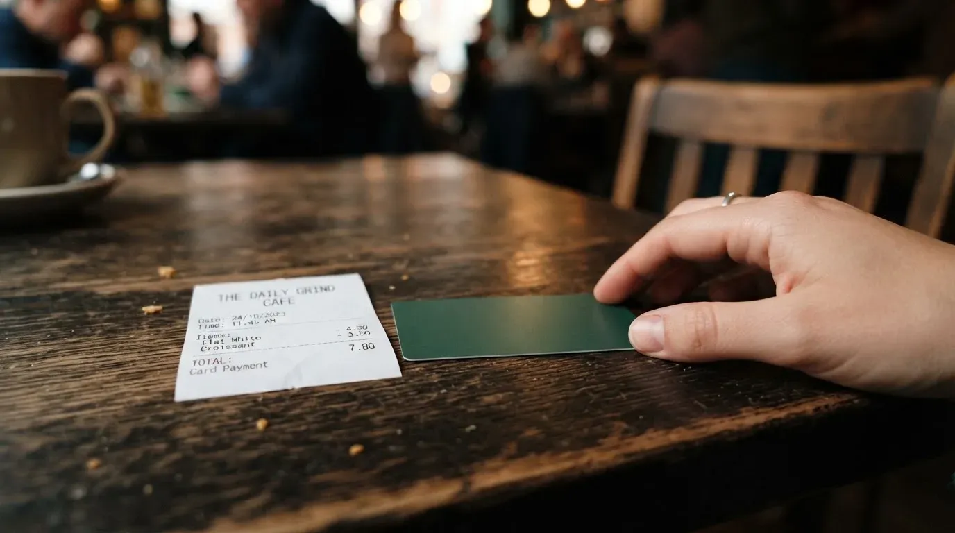 A receipt and a card on a café table