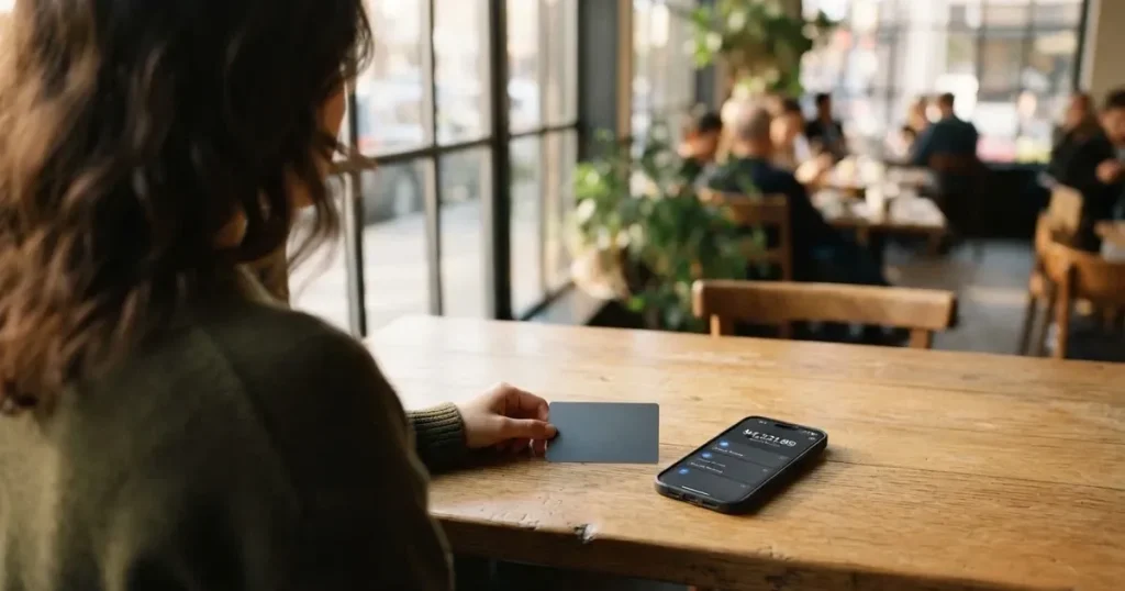 A payment card next to a phone with a crypto wallet app open