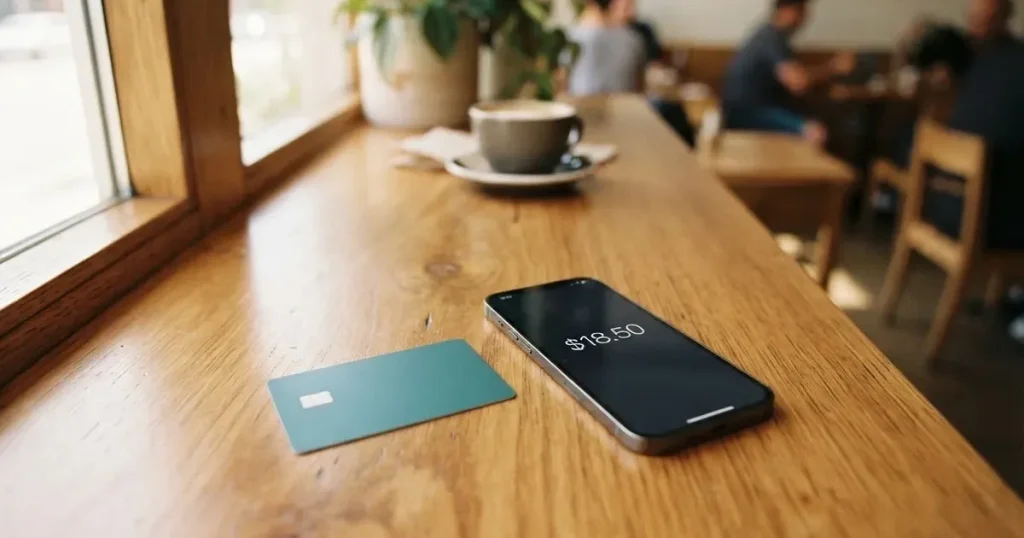 A payment card next to a phone with a crypto wallet app open