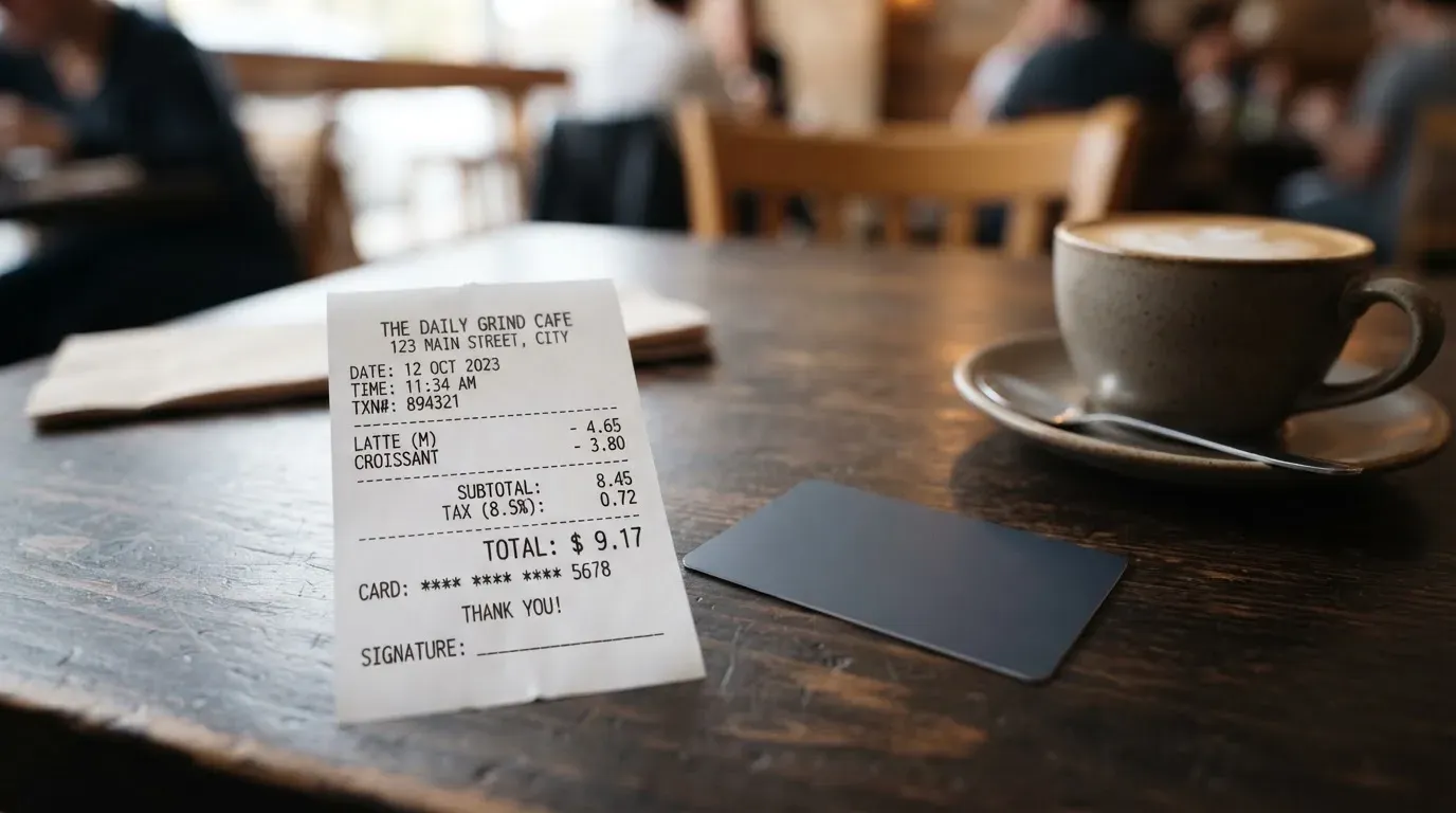 A receipt and a card on a café table