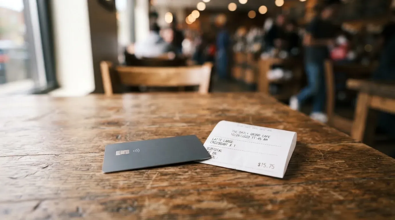 A receipt and a card on a café table