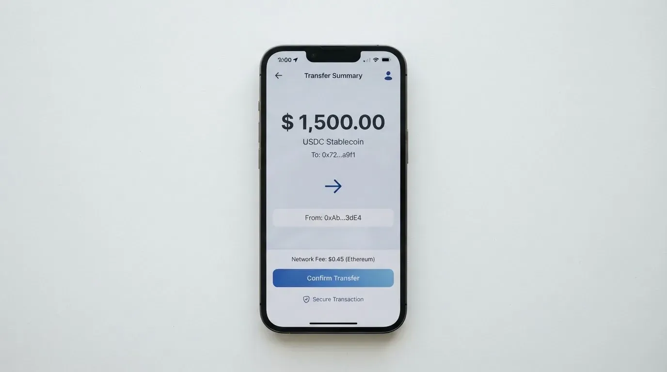 A phone showing a stablecoin transfer screen