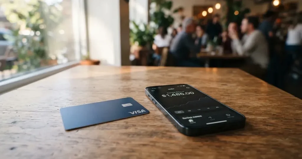 A payment card next to a phone with a crypto wallet app open