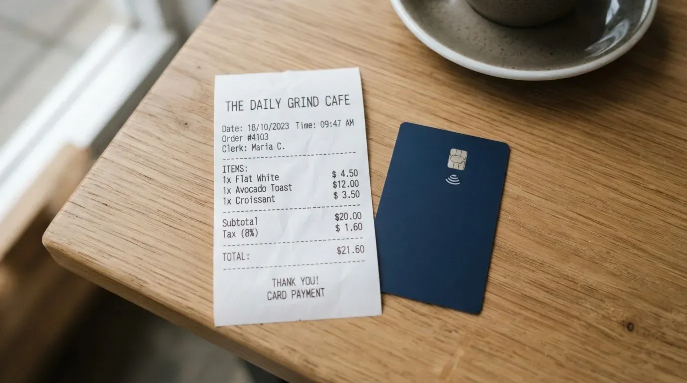 A receipt and a card on a café table