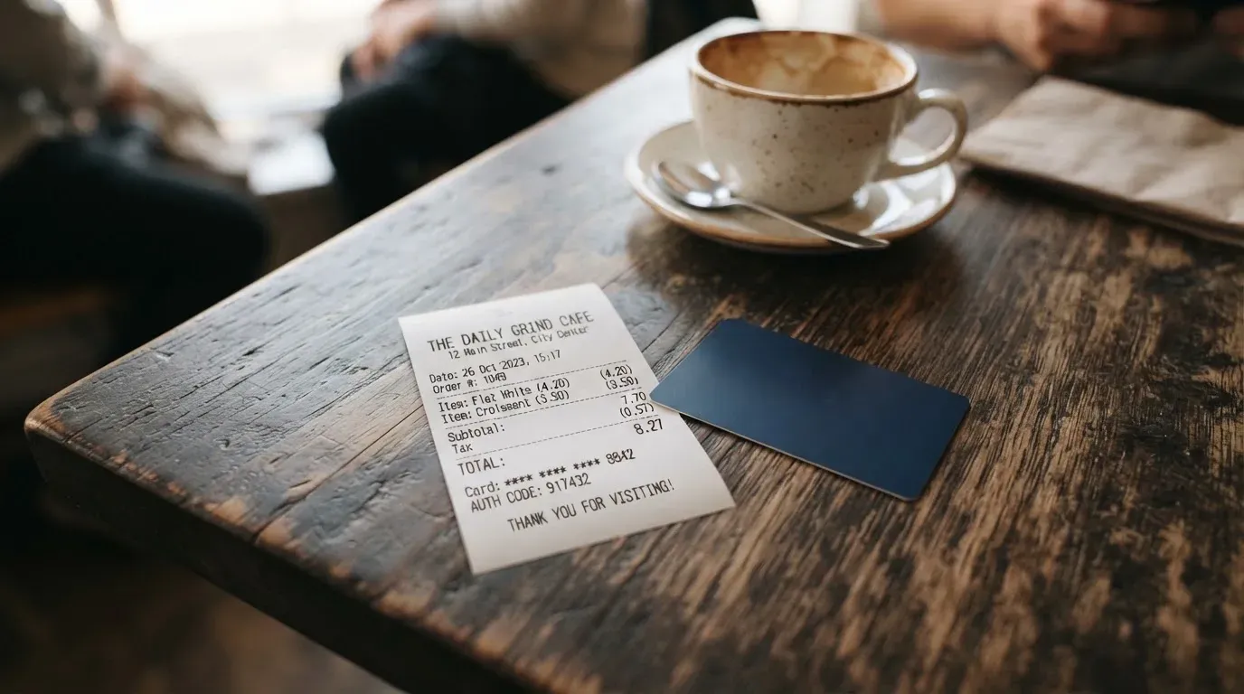 A receipt and a card on a café table
