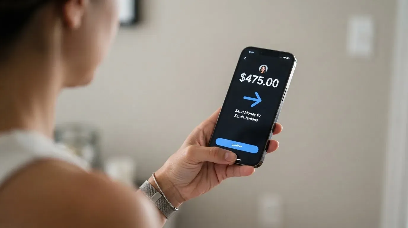 A phone showing a stablecoin transfer screen