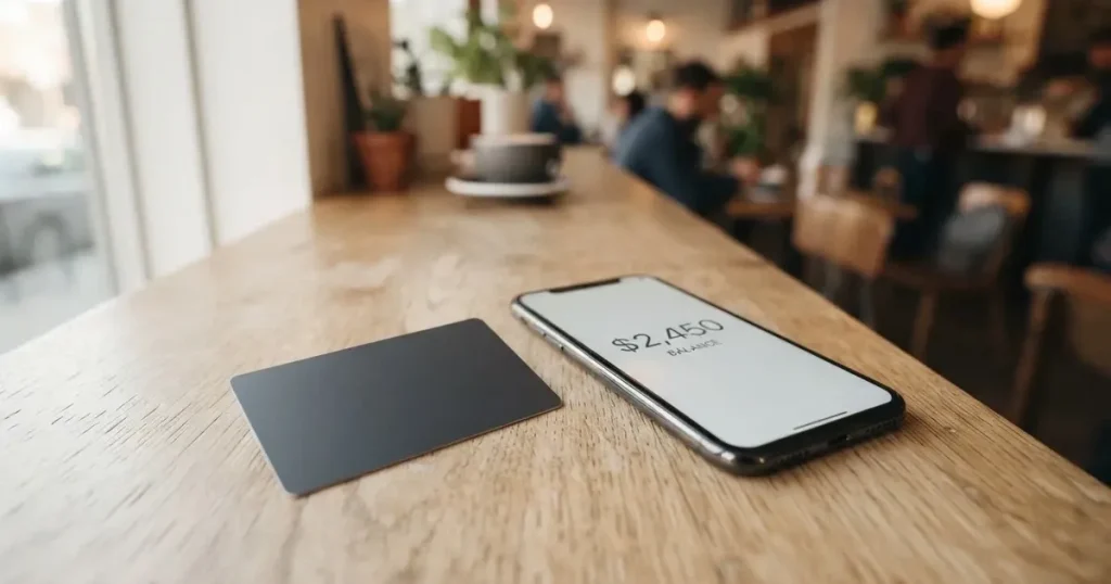 A payment card next to a phone with a crypto wallet app open