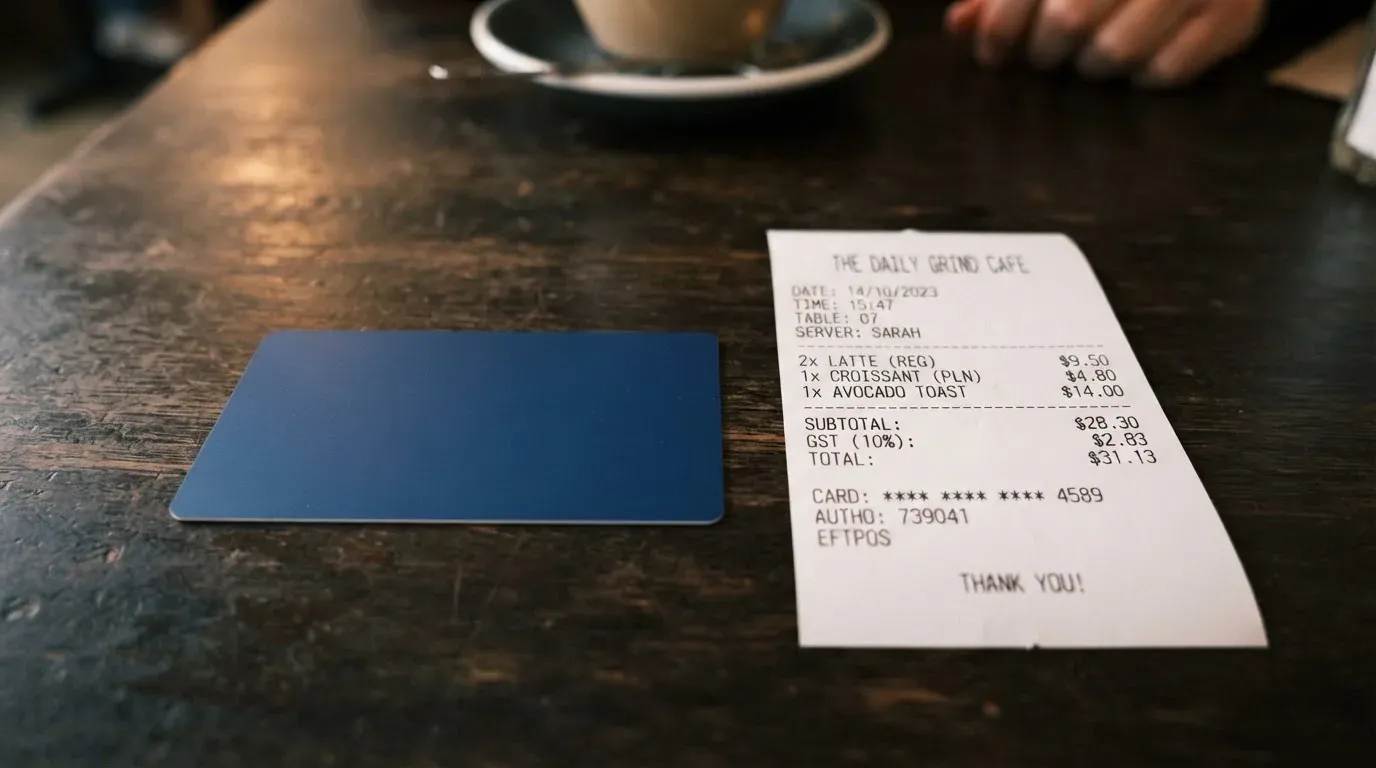 A receipt and a card on a café table