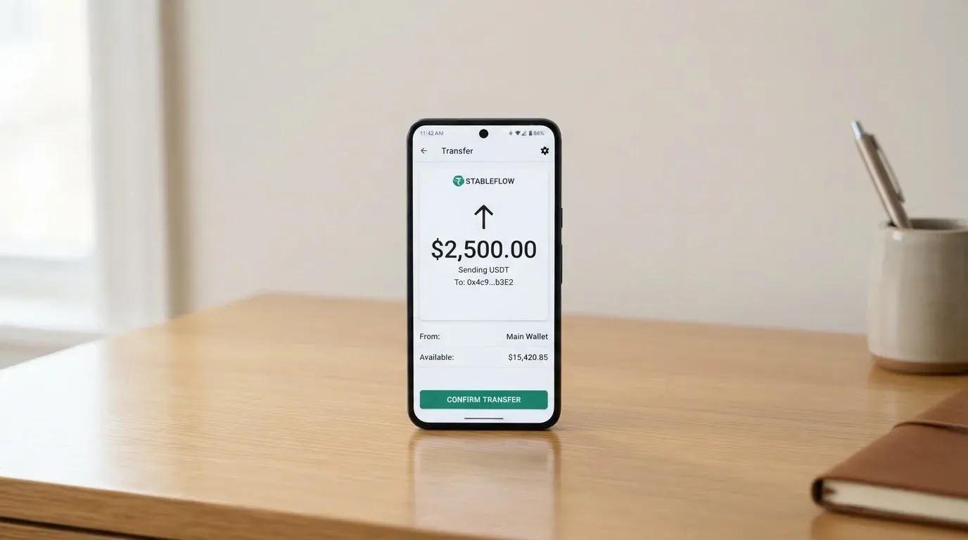 A phone showing a stablecoin transfer screen