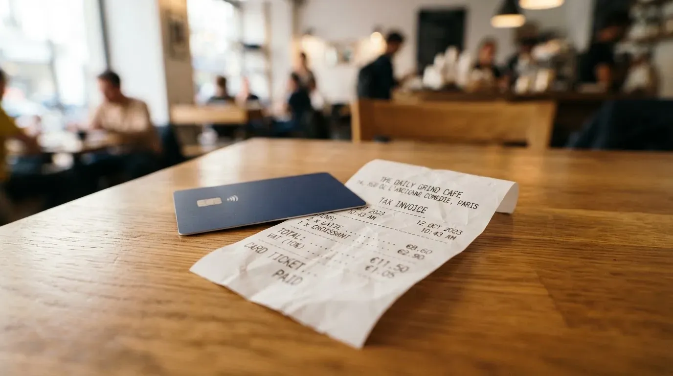 A receipt and a card on a café table