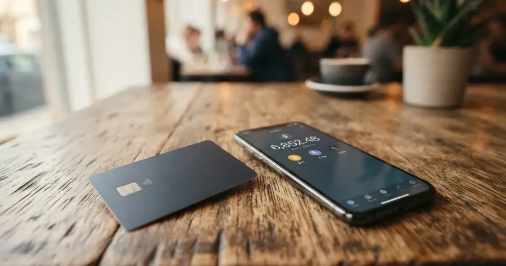 A payment card next to a phone with a crypto wallet app open