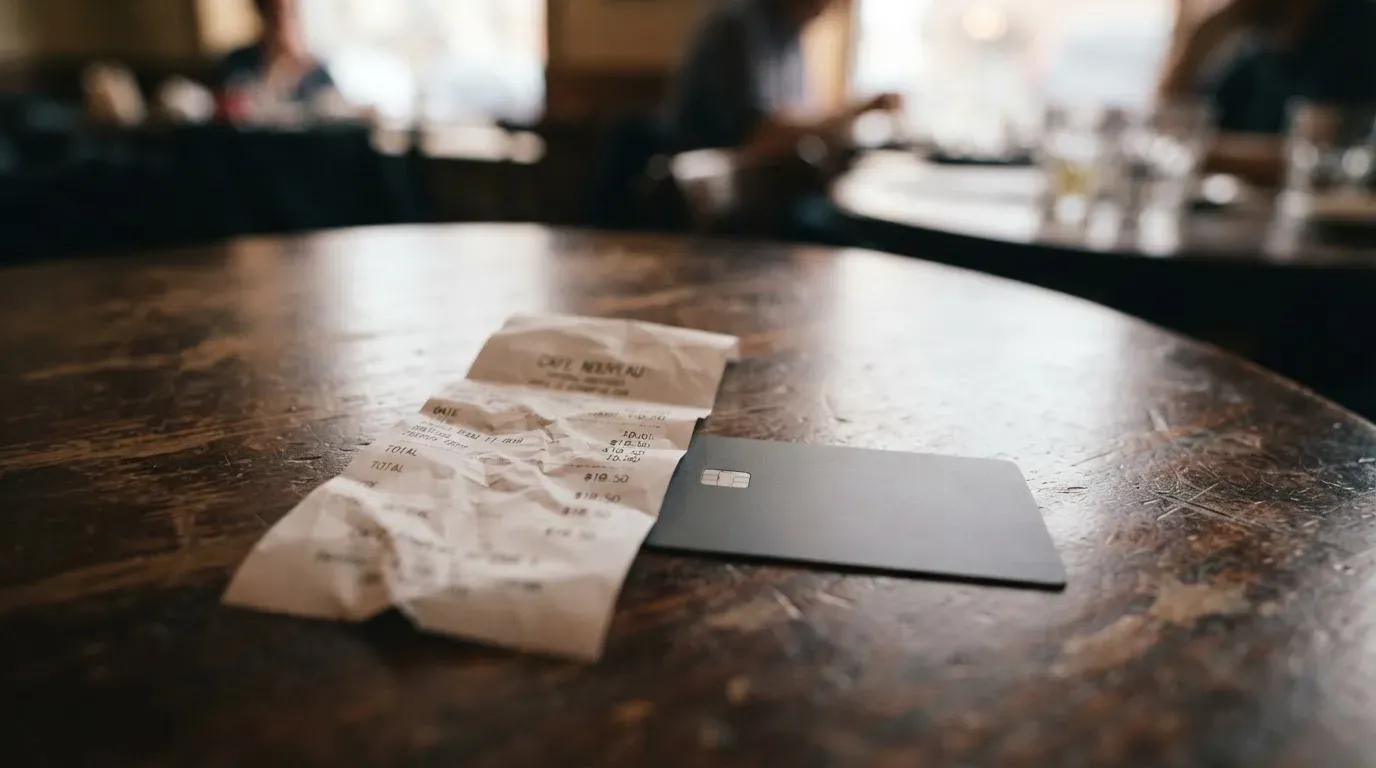 A receipt and a card on a café table