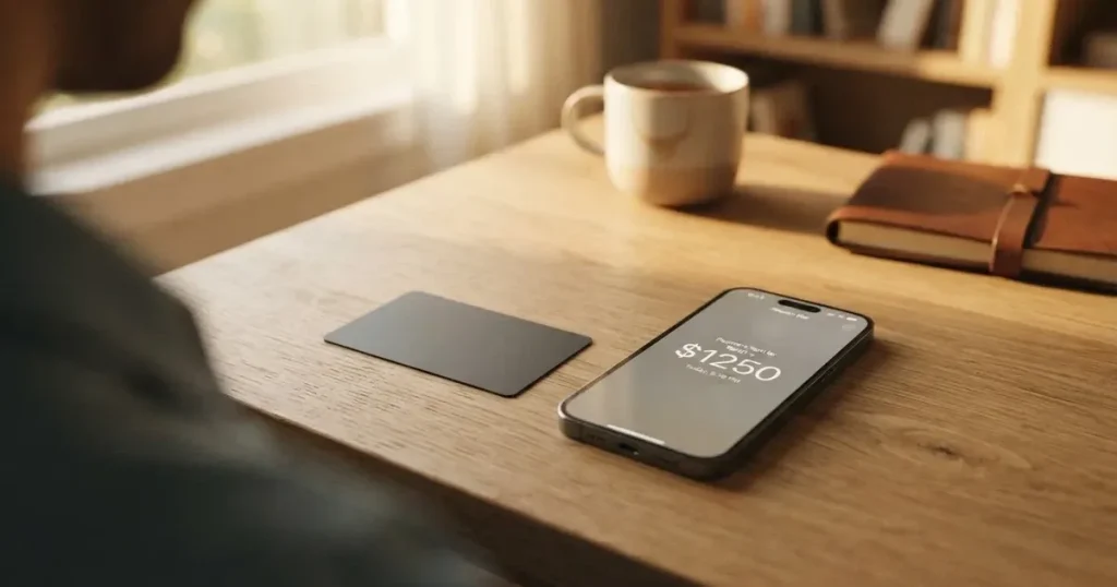A payment card next to a phone with a crypto wallet app open
