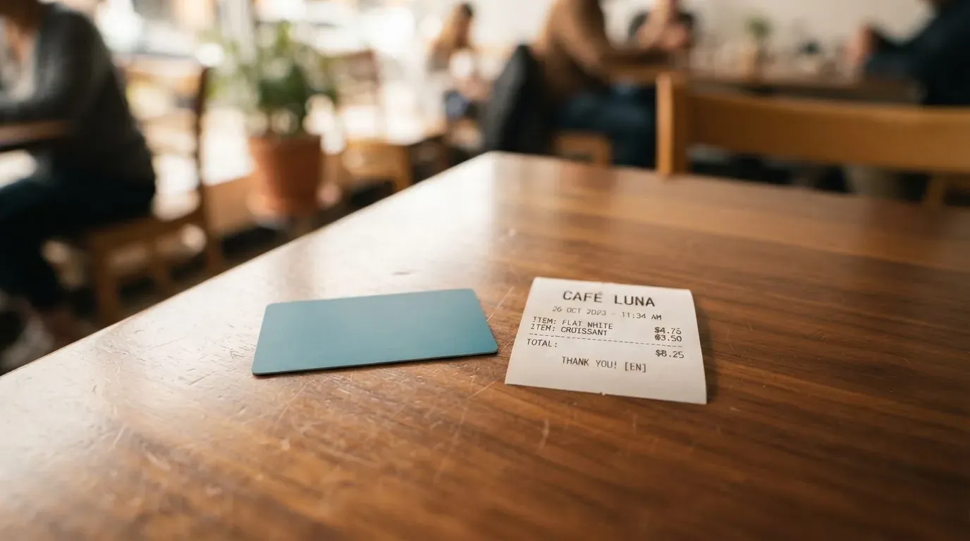 A receipt and a card on a café table