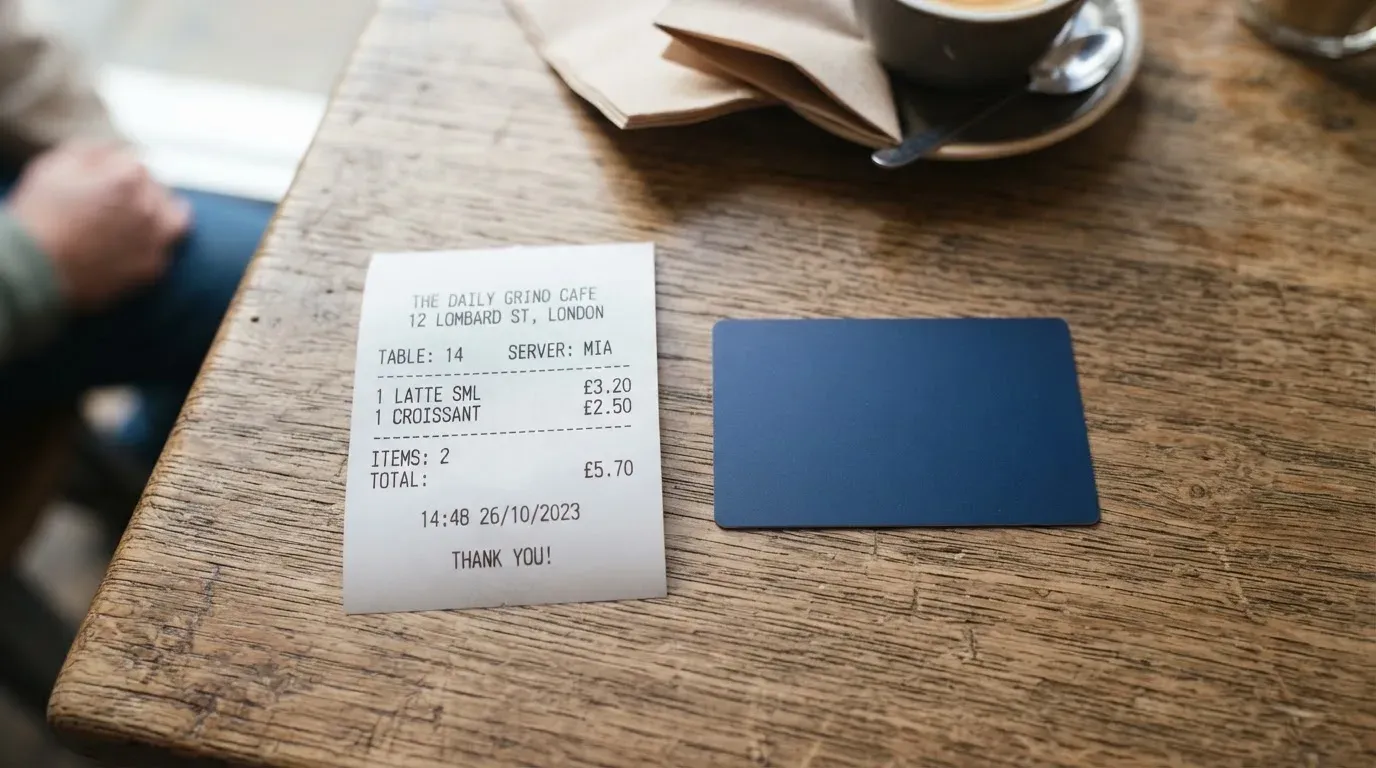 A receipt and a card on a café table