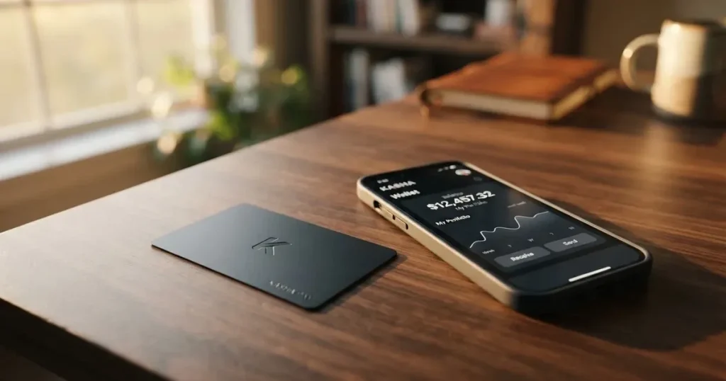 A payment card next to a phone with a crypto wallet app open