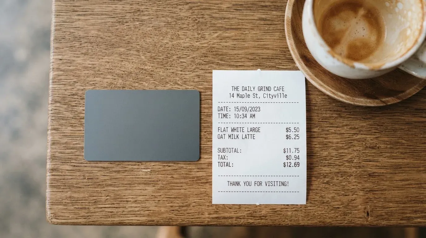 A receipt and a card on a café table