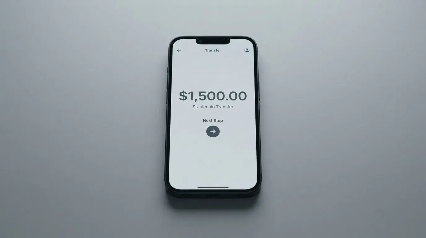 A phone showing a stablecoin transfer screen