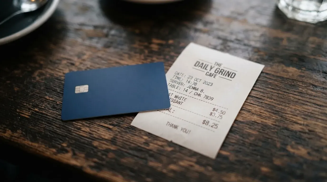 A receipt and a card on a café table