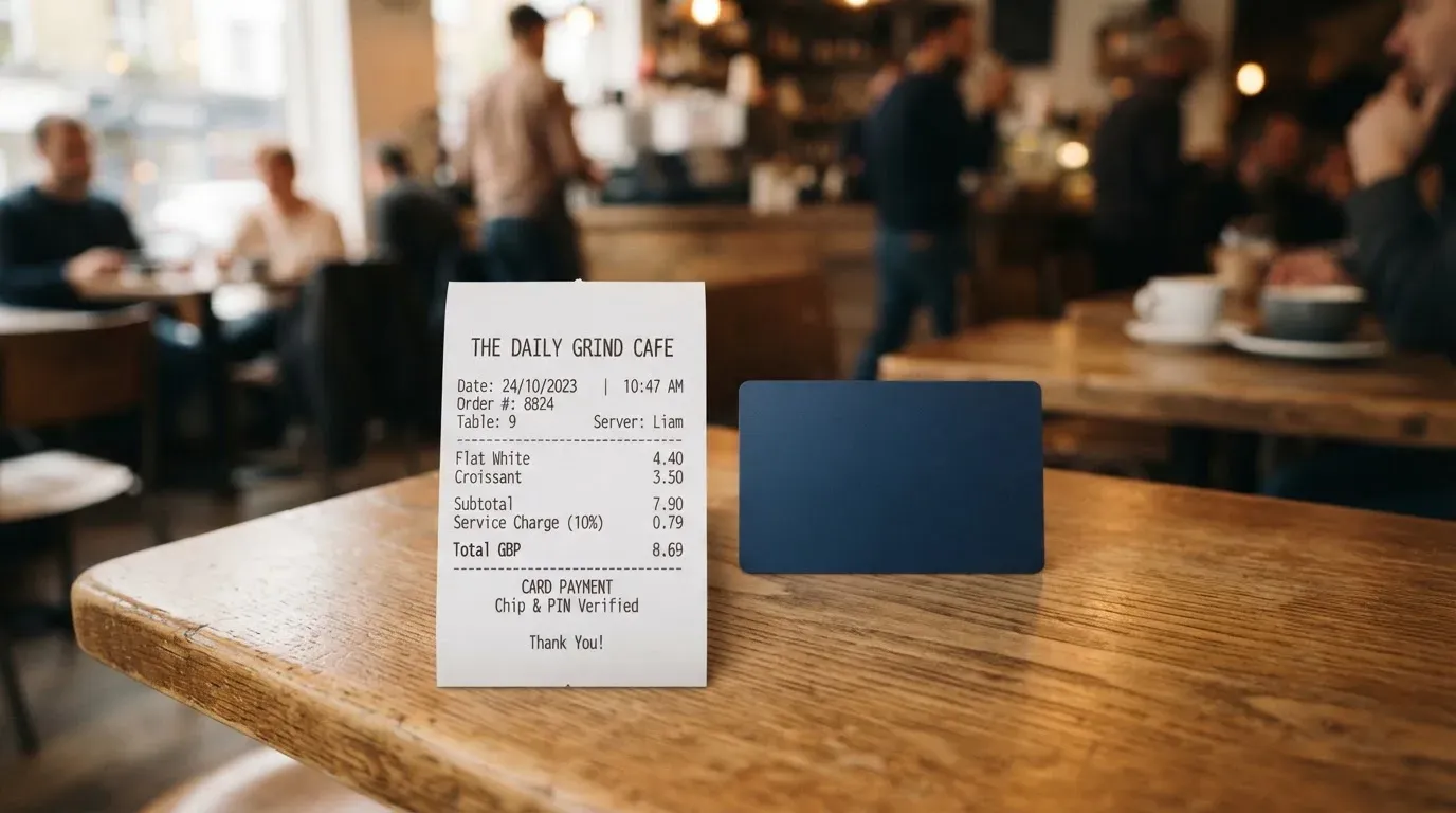 A receipt and a card on a café table
