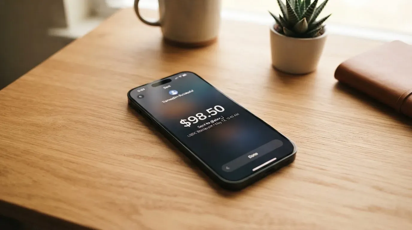 A phone showing a stablecoin transfer screen