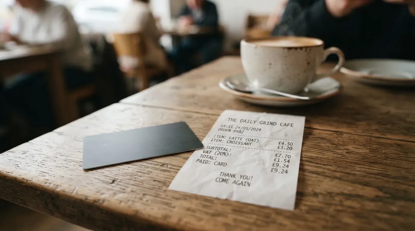 A receipt and a card on a café table